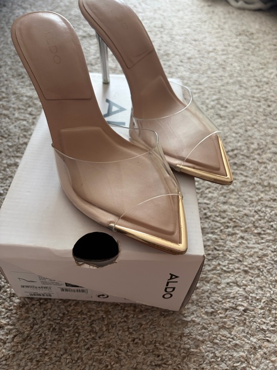 Aldo Shoes - Aldo Clear Strap Nude Pointed Mule with Gold Toe Accent